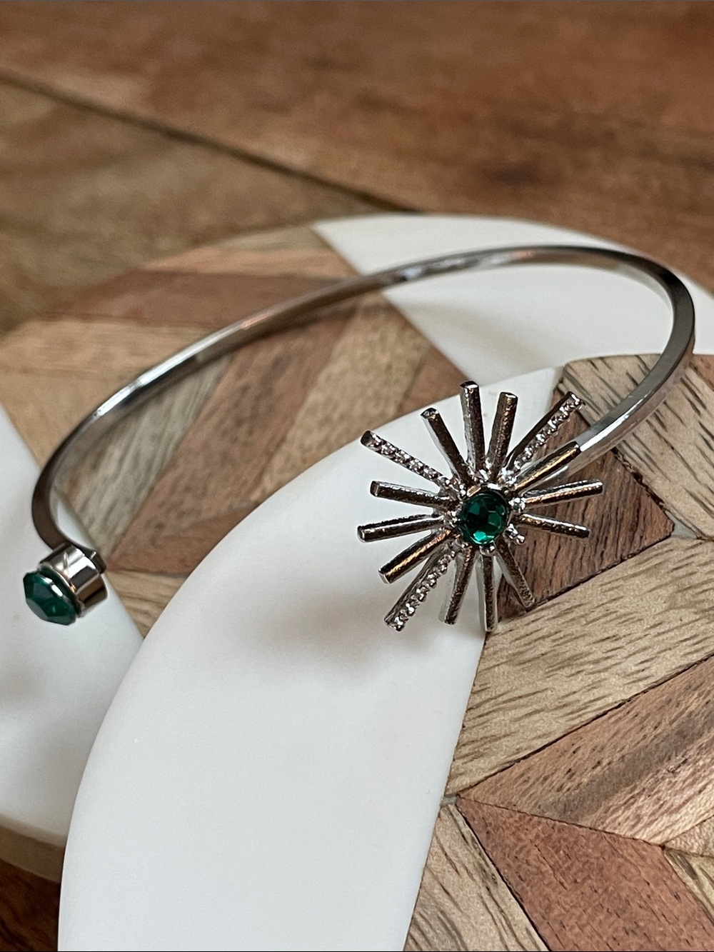 Sterling Silver Sunburst Cuff Bracelet with Emerald Green Crystal